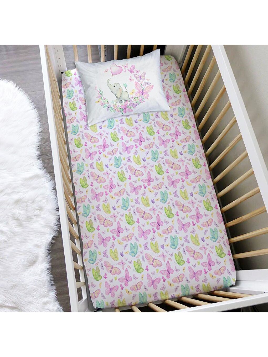 Karışık Kelebek Desen Baskılı Bebek Boy Lastikli Çarşaf Seti Renkli  60x120 cm