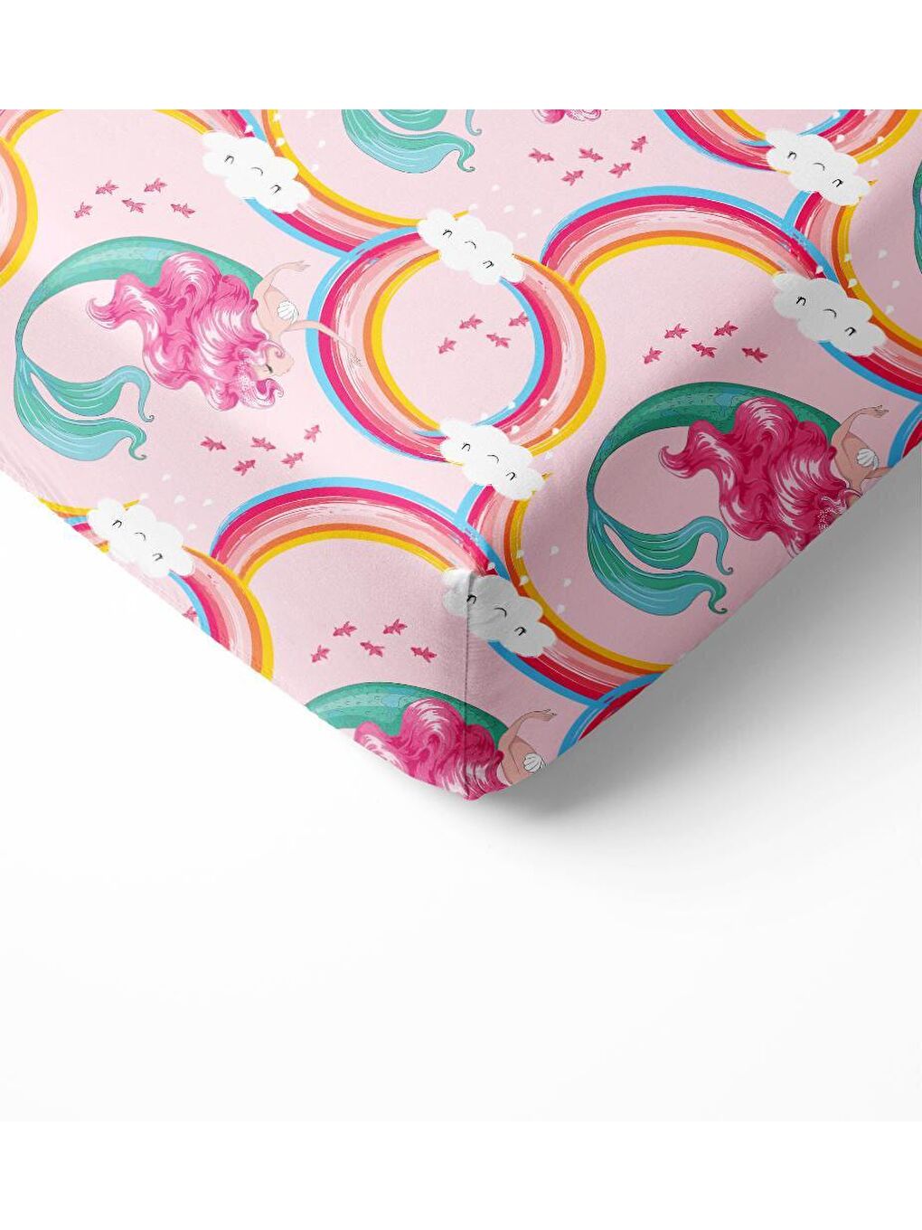 Karışık Deniz Kızı Desen Baskılı Bebek Boy Lastikli Çarşaf Seti Pembe  60x120 cm-1