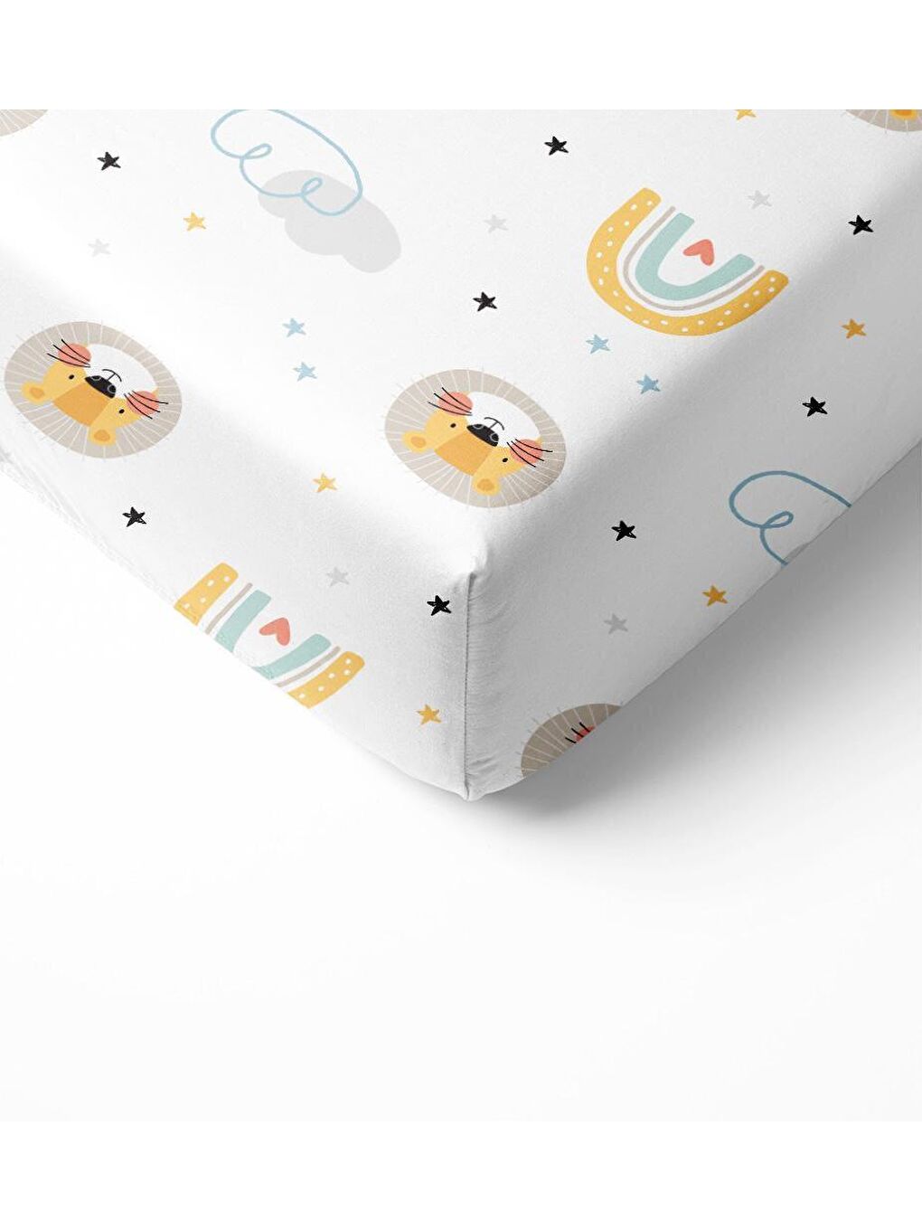 Karışık Aslan Desen Baskılı Bebek Boy Lastikli Çarşaf Seti Beyaz  60x120 cm-1