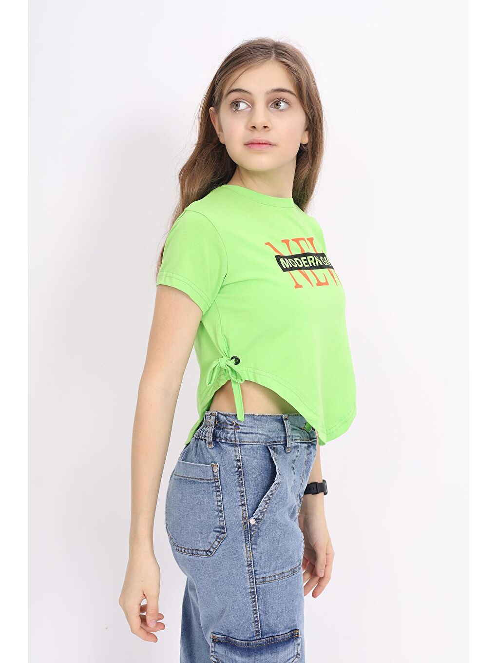 angelos Fıstık Yeşili Kız Çocuk Bağcıklı Crop T-Shirt 9-14 Yaş LX 228