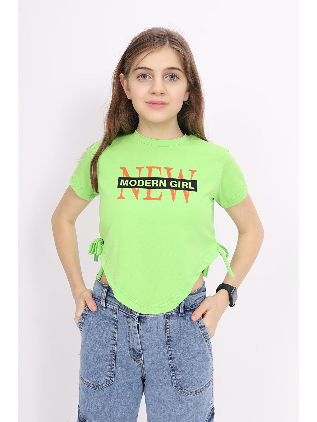 angelos Fıstık Yeşili Kız Çocuk Bağcıklı Crop T-Shirt 9-14 Yaş LX 228 - 1