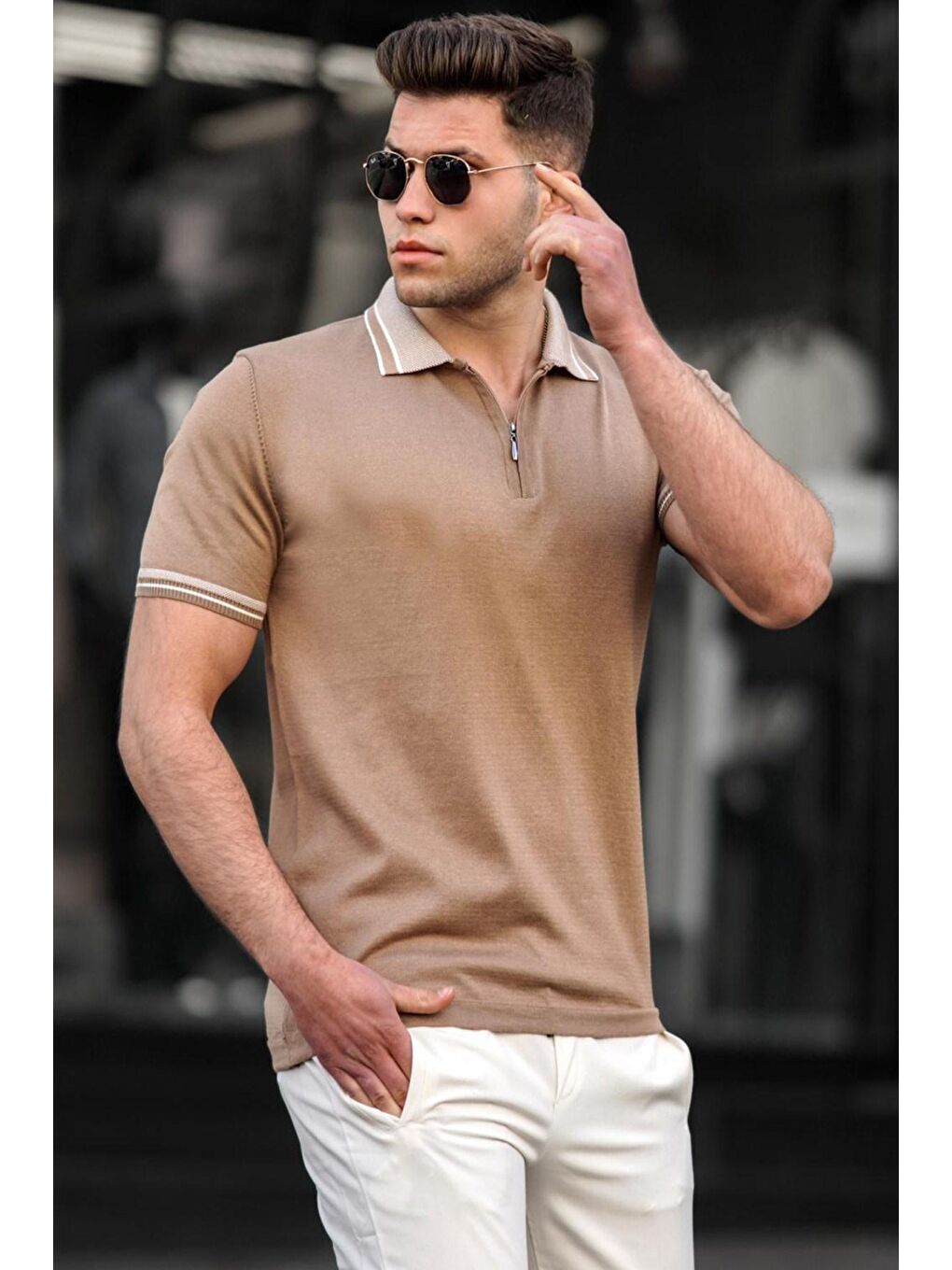 Bej Camel  Basic Polo Yaka Erkek Tişört 5099