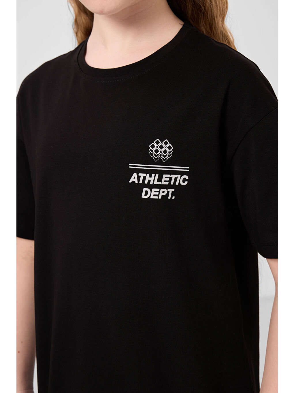 Siyah Pamuklu O Yaka Oversize Fit Baskılı Kız Çocuk T-Shirt - 75178-3