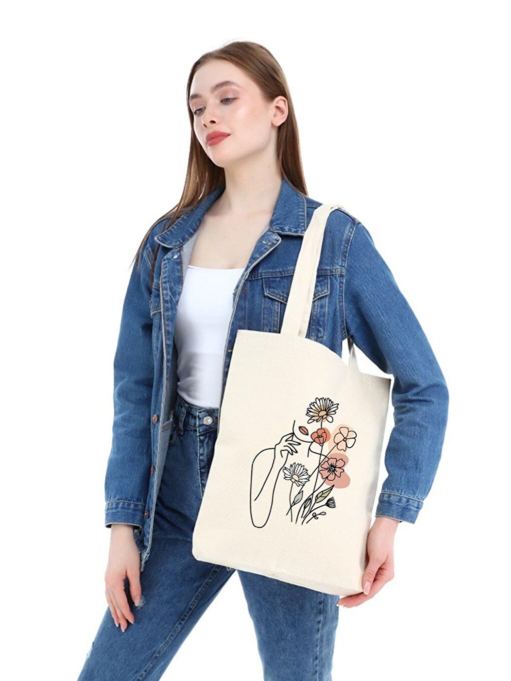Ekru Kanvas Çiçek Kadın Baskılı Bez Çanta