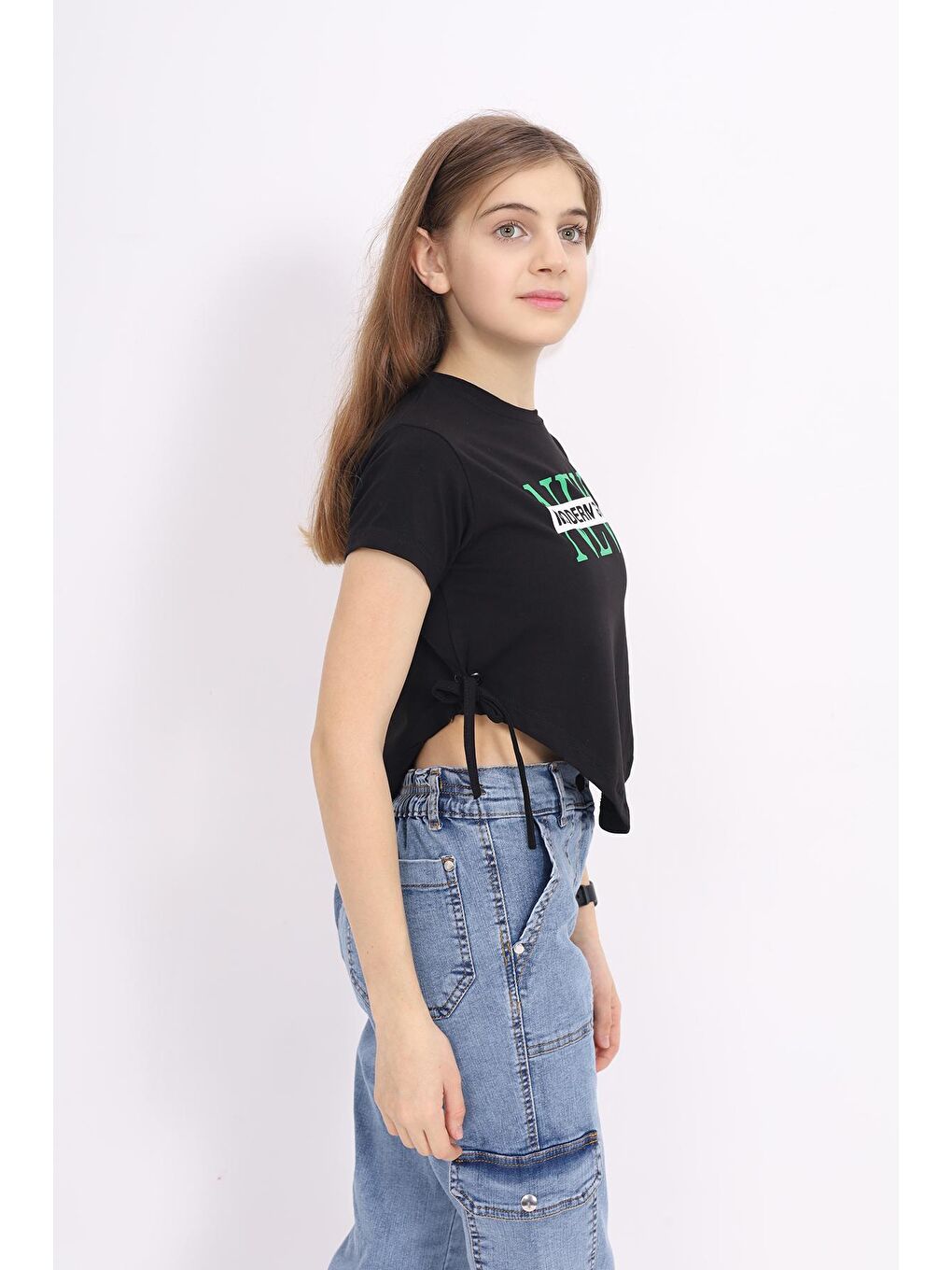 angelos Siyah Kız Çocuk Bağcıklı Crop T-Shirt 9-14 Yaş LX 228