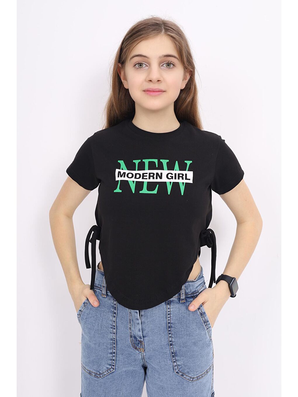 angelos Siyah Kız Çocuk Bağcıklı Crop T-Shirt 9-14 Yaş LX 228 - 1