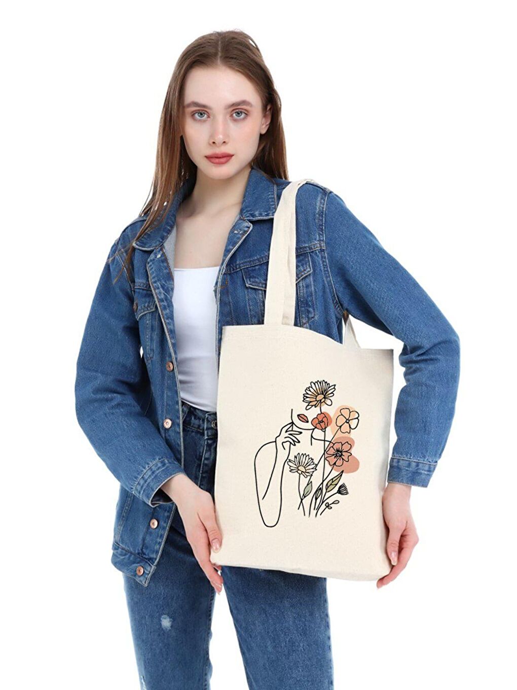 Ekru Kanvas Çiçek Kadın Baskılı Bez Çanta-1