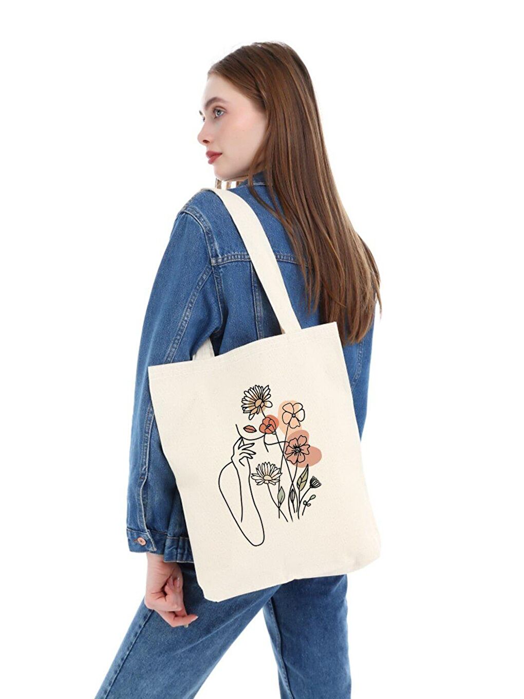 Ekru Kanvas Çiçek Kadın Baskılı Bez Çanta-2