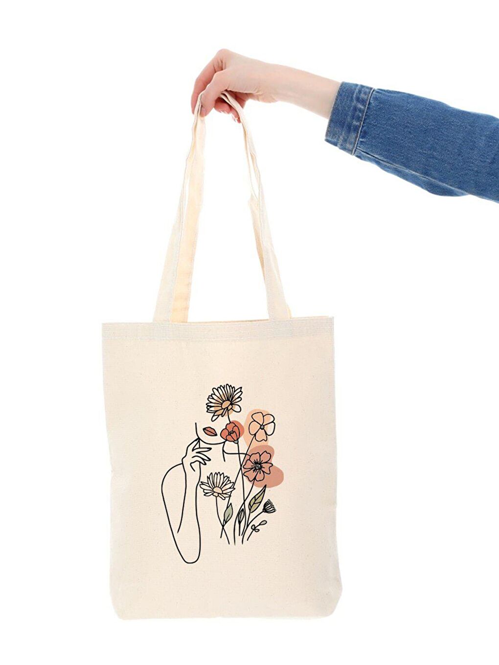 Ekru Kanvas Çiçek Kadın Baskılı Bez Çanta-3