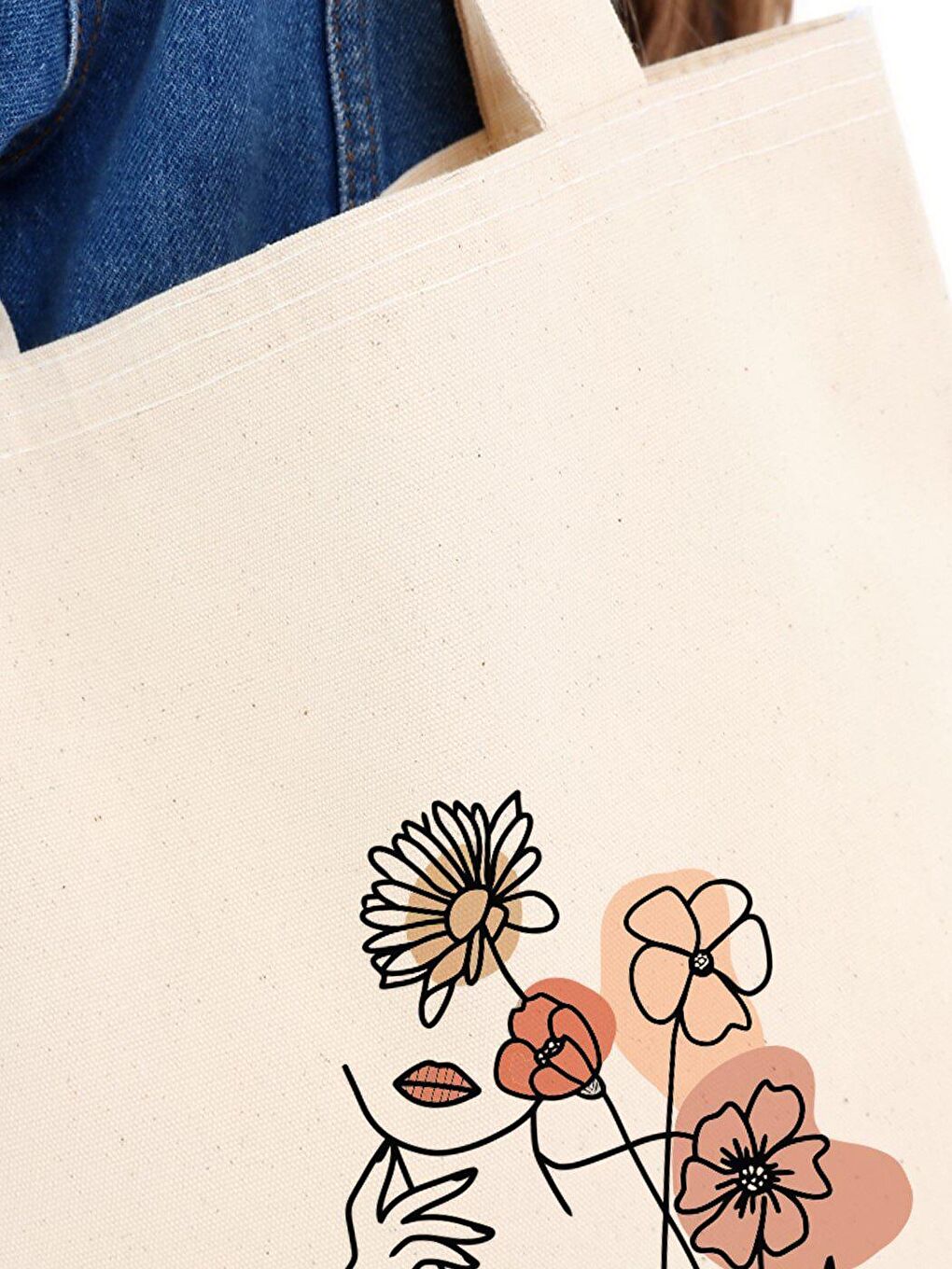 Ekru Kanvas Çiçek Kadın Baskılı Bez Çanta-4