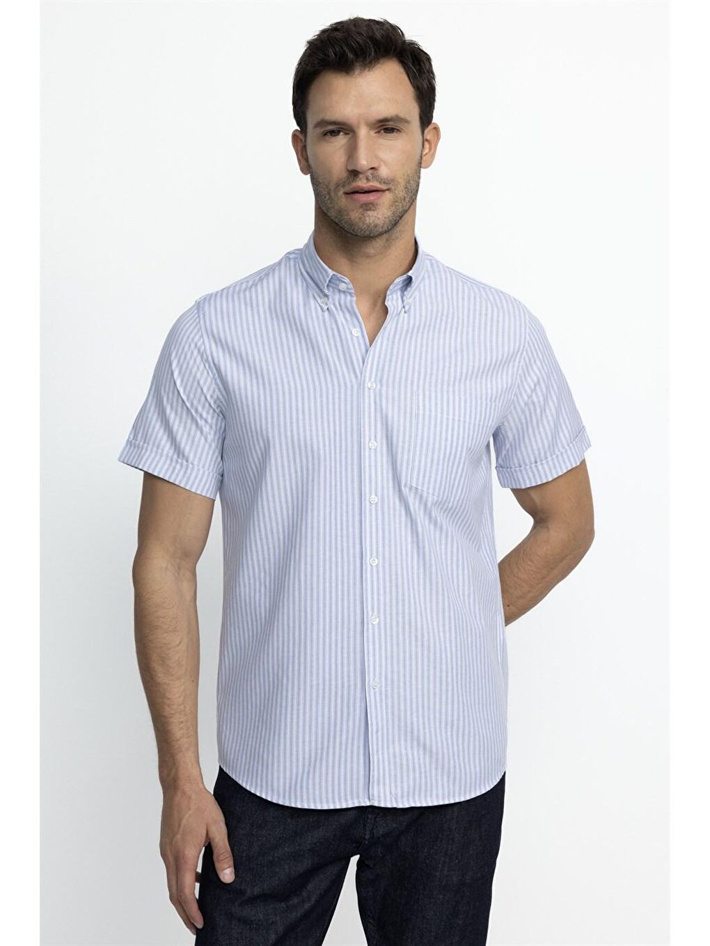Tudors Klasik Fit Kısa Kol Çizgili Pamuklu Mavi Gömlek