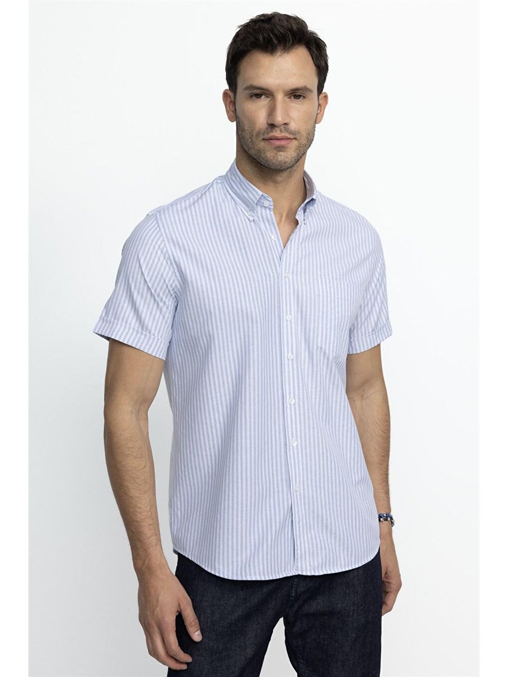 Tudors Klasik Fit Kısa Kol Çizgili Pamuklu Mavi Gömlek-1