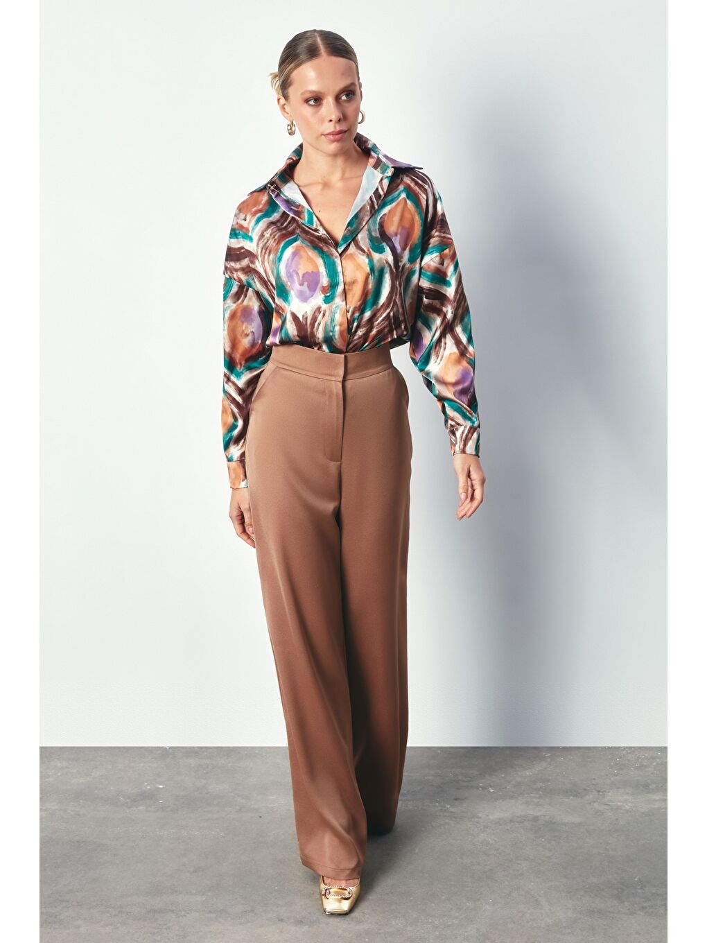 Renk Desenli Saten Gömlek - Yeşil-1