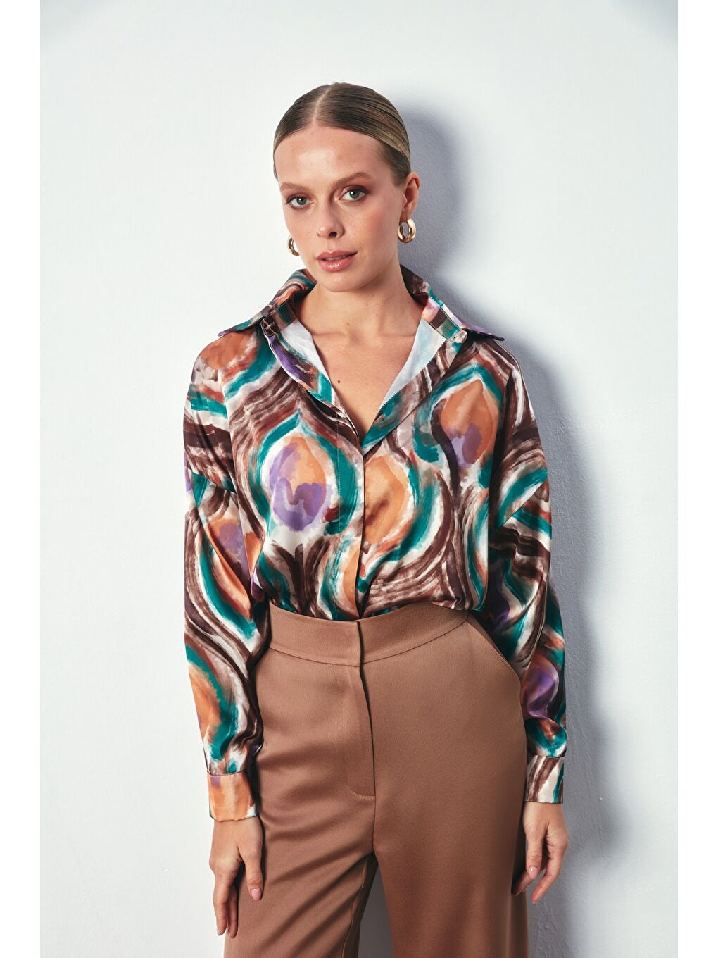 Renk Desenli Saten Gömlek - Yeşil-2