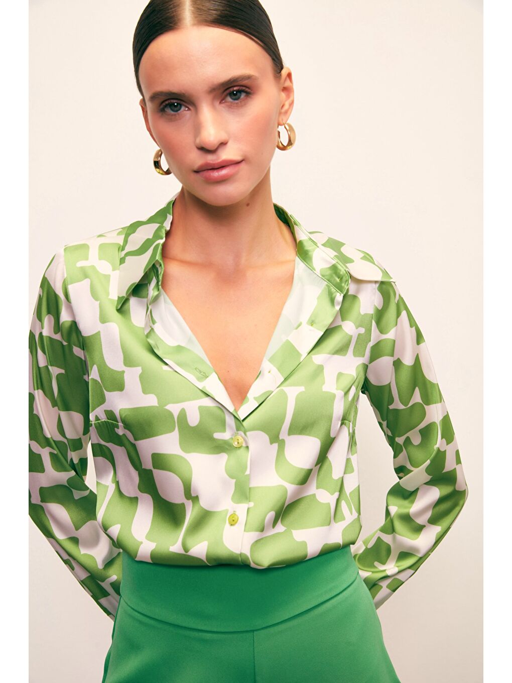 Desenli Düz Gömlek - Yeşil-3