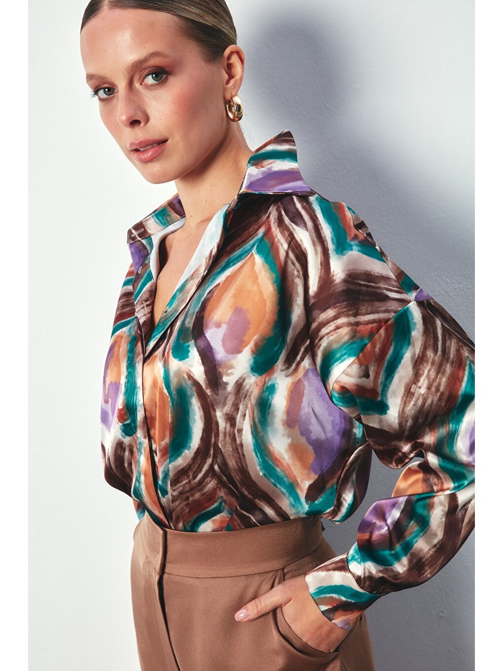 Renk Desenli Saten Gömlek - Yeşil-3