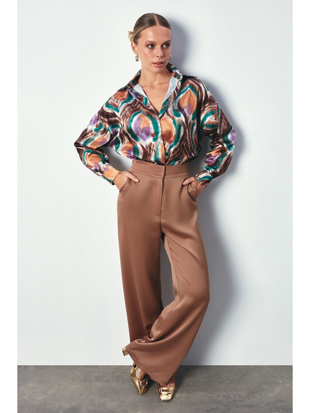 Renk Desenli Saten Gömlek - Yeşil-4