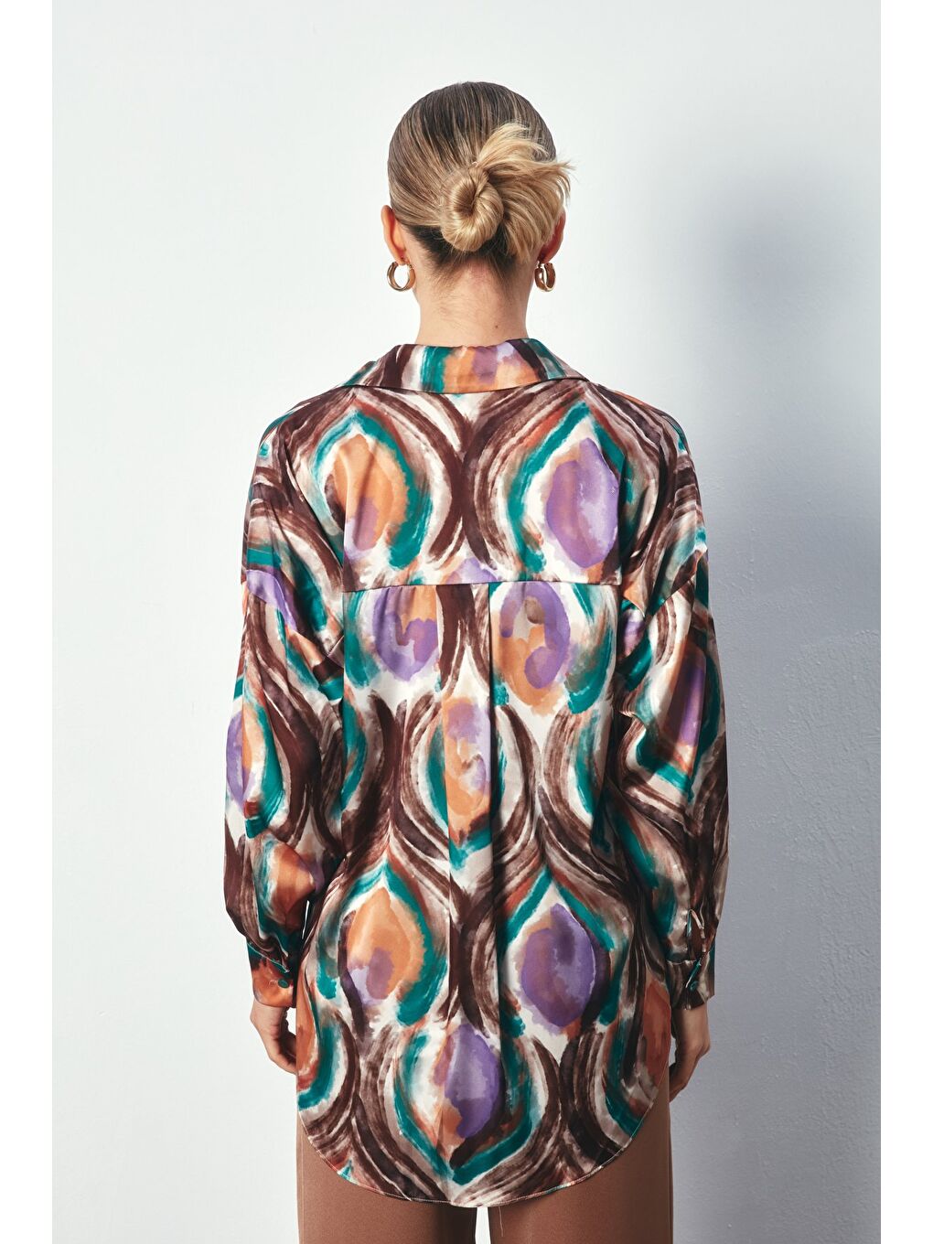 Renk Desenli Saten Gömlek - Yeşil-6