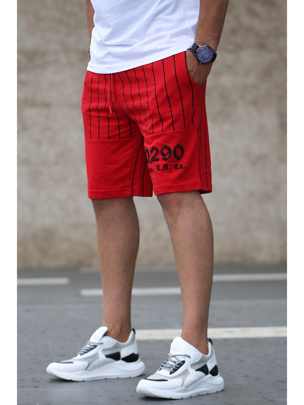 Çizgili Baskılı Günlük Kırmızı Şort 2909-1