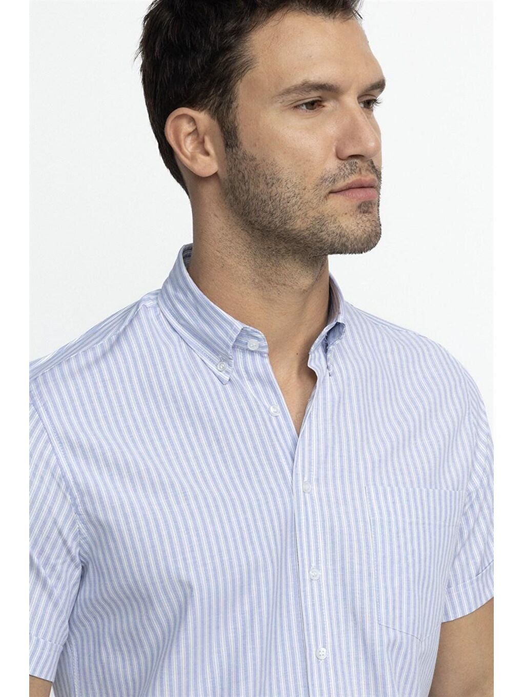 Tudors Klasik Fit Kısa Kol Çizgili Pamuklu Mavi Gömlek-2