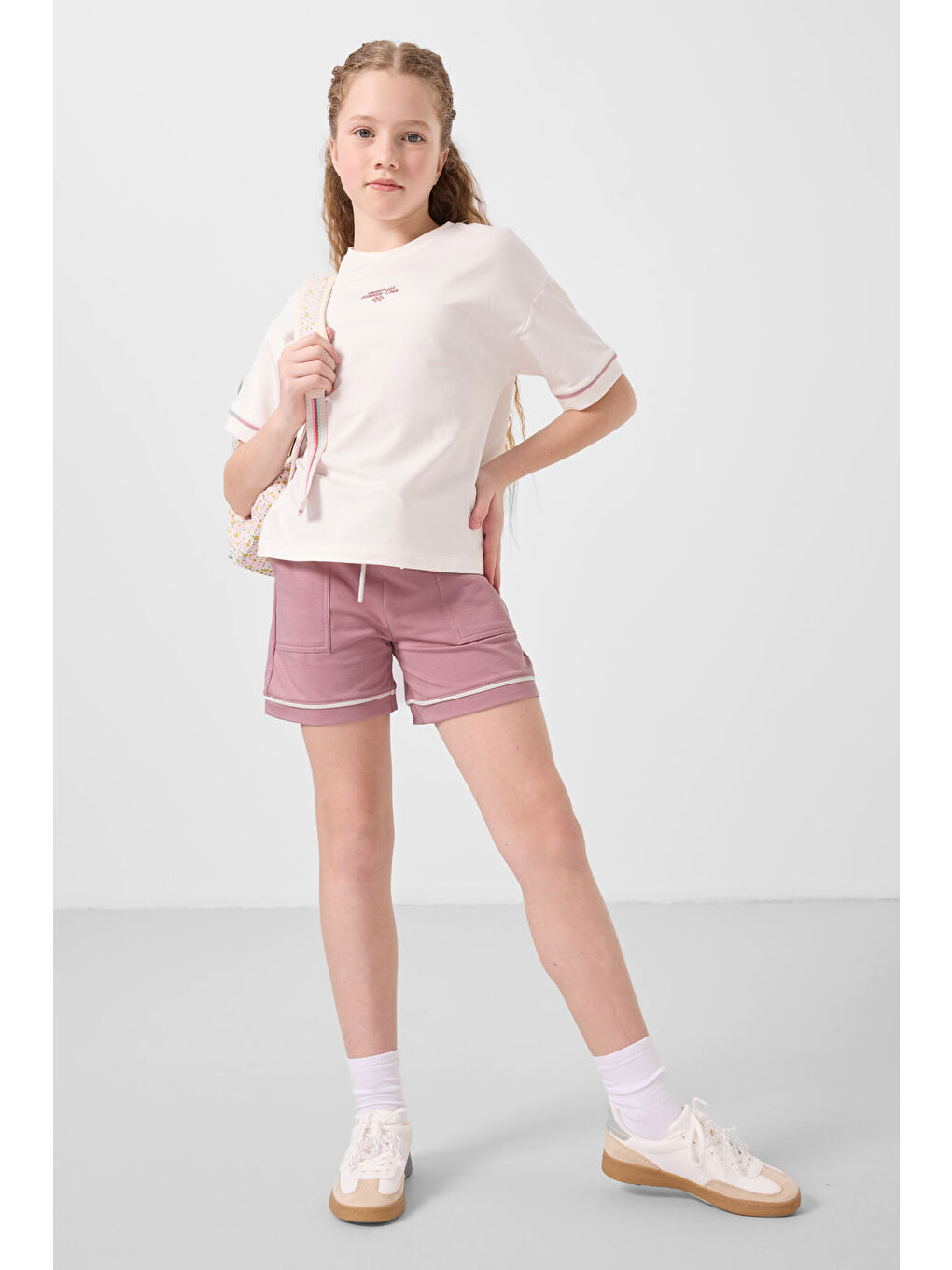 Lila Ekru-Gül Kurusu Pamuklu Yumuşak Dokulu Standart Fit Basic Kız Çocuk Şort Takım - 75183