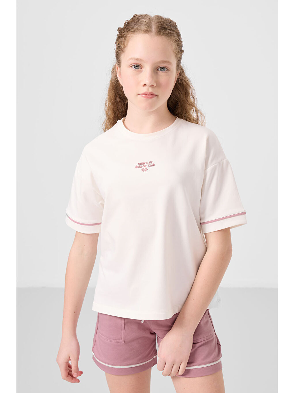 Lila Ekru-Gül Kurusu Pamuklu Yumuşak Dokulu Standart Fit Basic Kız Çocuk Şort Takım - 75183-2