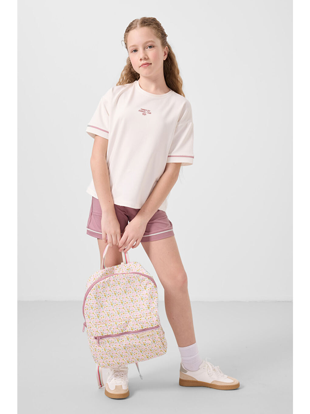 Lila Ekru-Gül Kurusu Pamuklu Yumuşak Dokulu Standart Fit Basic Kız Çocuk Şort Takım - 75183-3