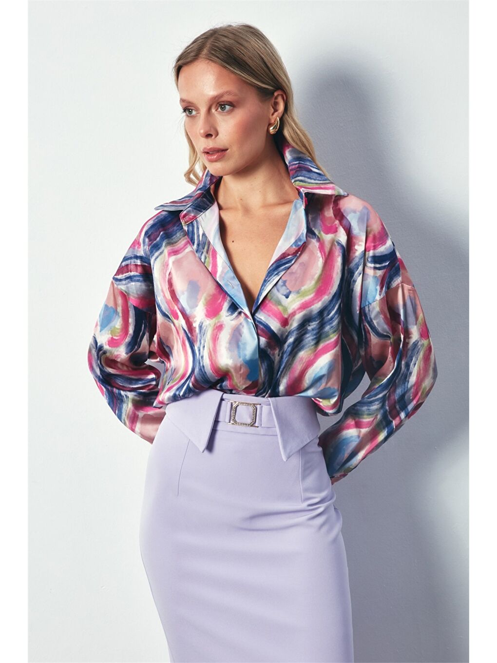 Renk Desenli Saten Gömlek - Fuşya