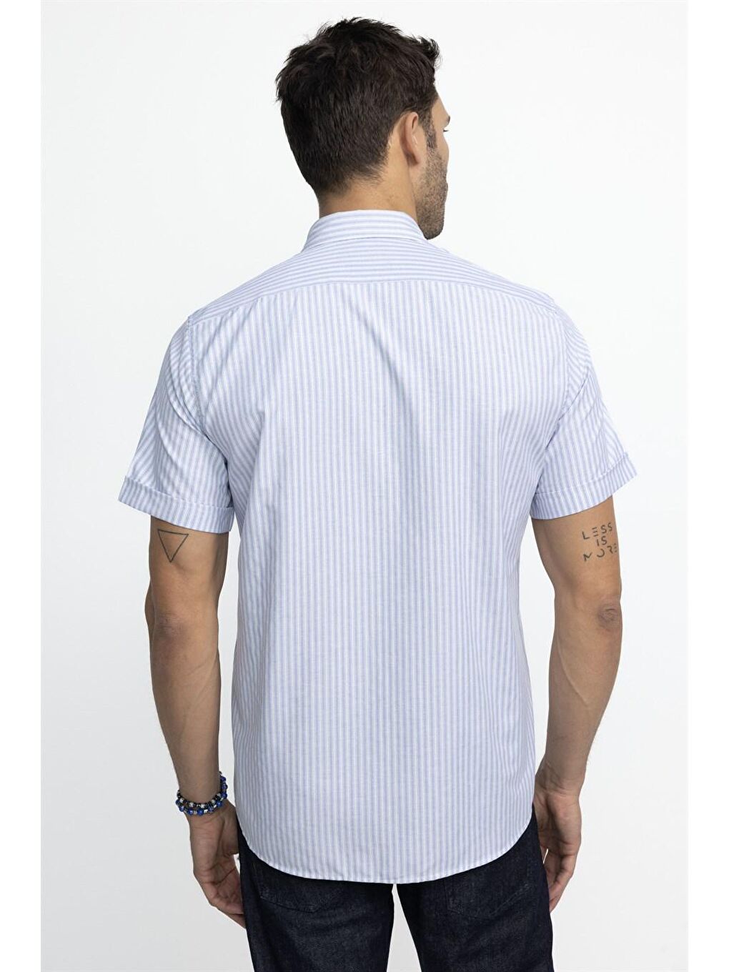 Tudors Klasik Fit Kısa Kol Çizgili Pamuklu Mavi Gömlek-3