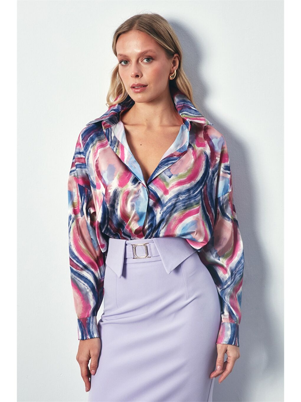 Renk Desenli Saten Gömlek - Fuşya-2