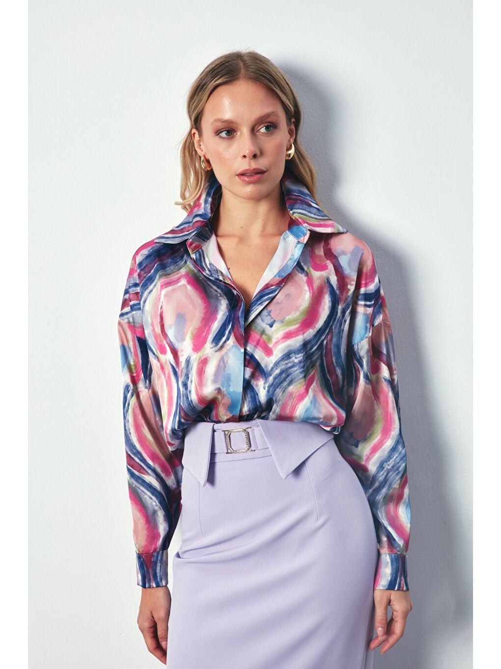 Renk Desenli Saten Gömlek - Fuşya-3