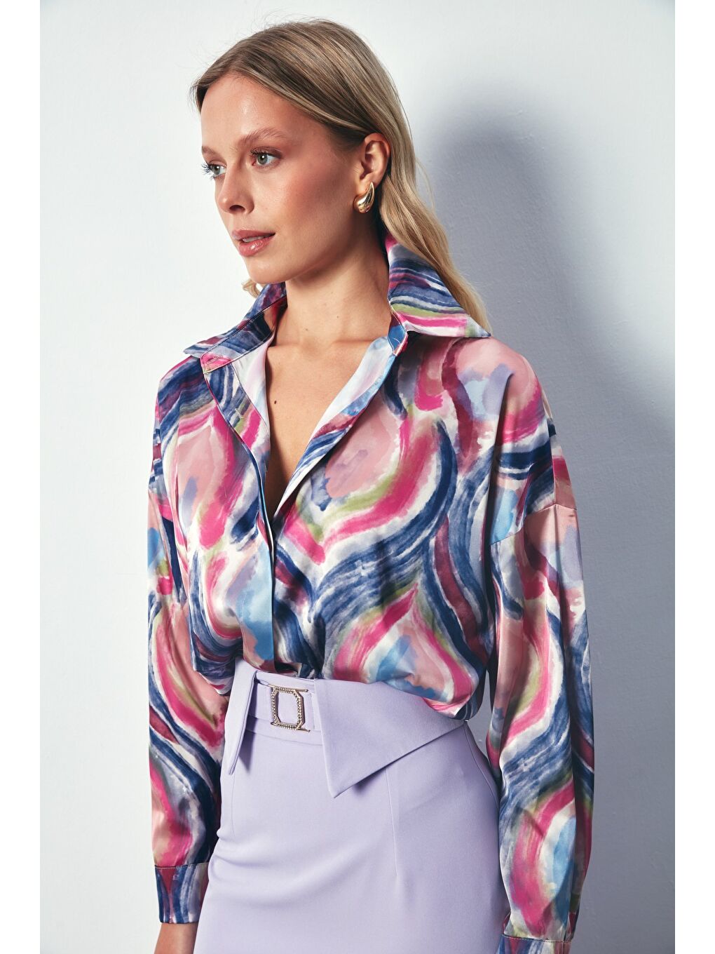 Renk Desenli Saten Gömlek - Fuşya-4