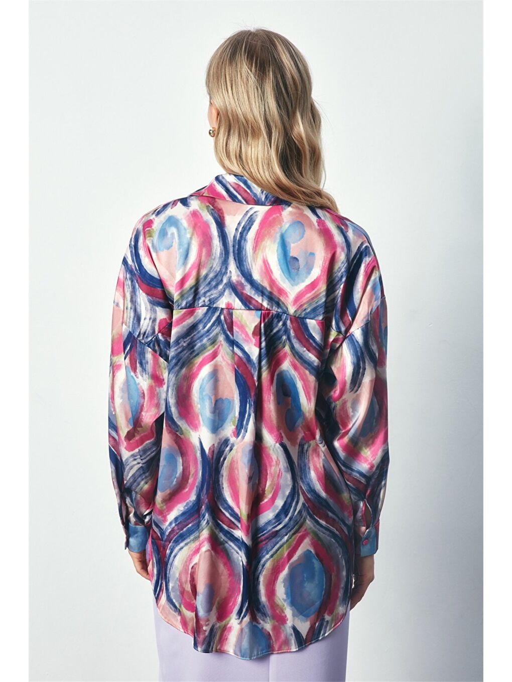 Renk Desenli Saten Gömlek - Fuşya-5