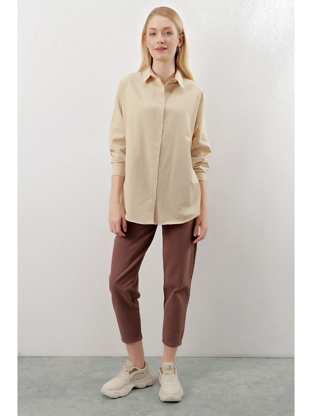 Bej Sade Düz Araboy Basic Oversize Gömlek-1
