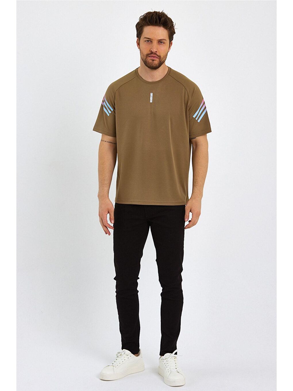 Bej Erkek Spor Tişört Baskılı Fitness, Antrenman Fit Tişört-1