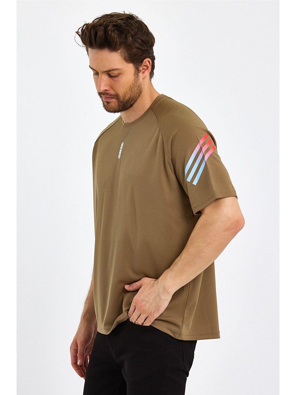 Bej Erkek Spor Tişört Baskılı Fitness, Antrenman Fit Tişört-2