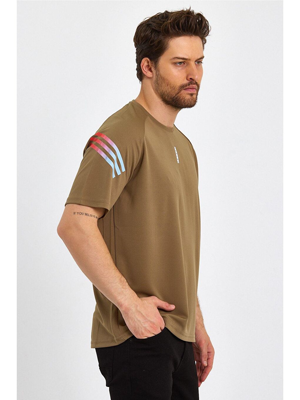 Bej Erkek Spor Tişört Baskılı Fitness, Antrenman Fit Tişört-3