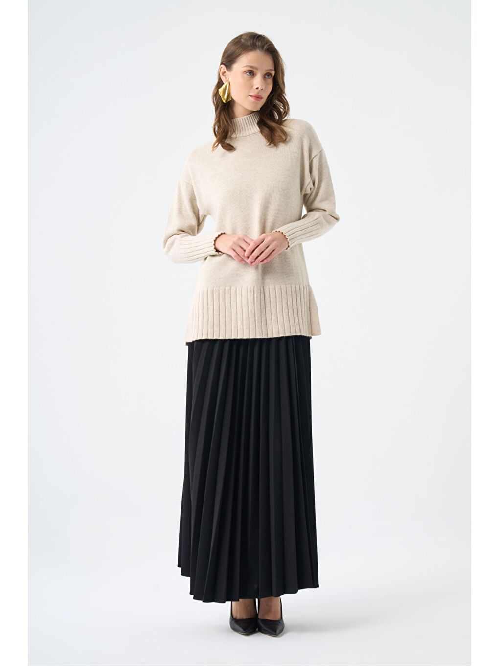 Basic Örme Pliseli Krep Siyah Etek
