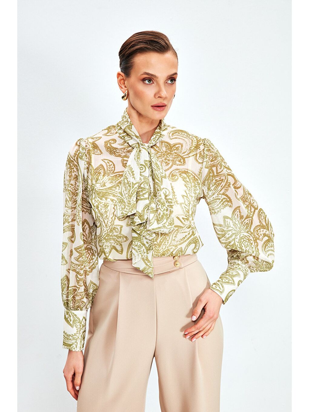 Yaka Fularlı Desenli Gömlek - Yağ Yeşili-2