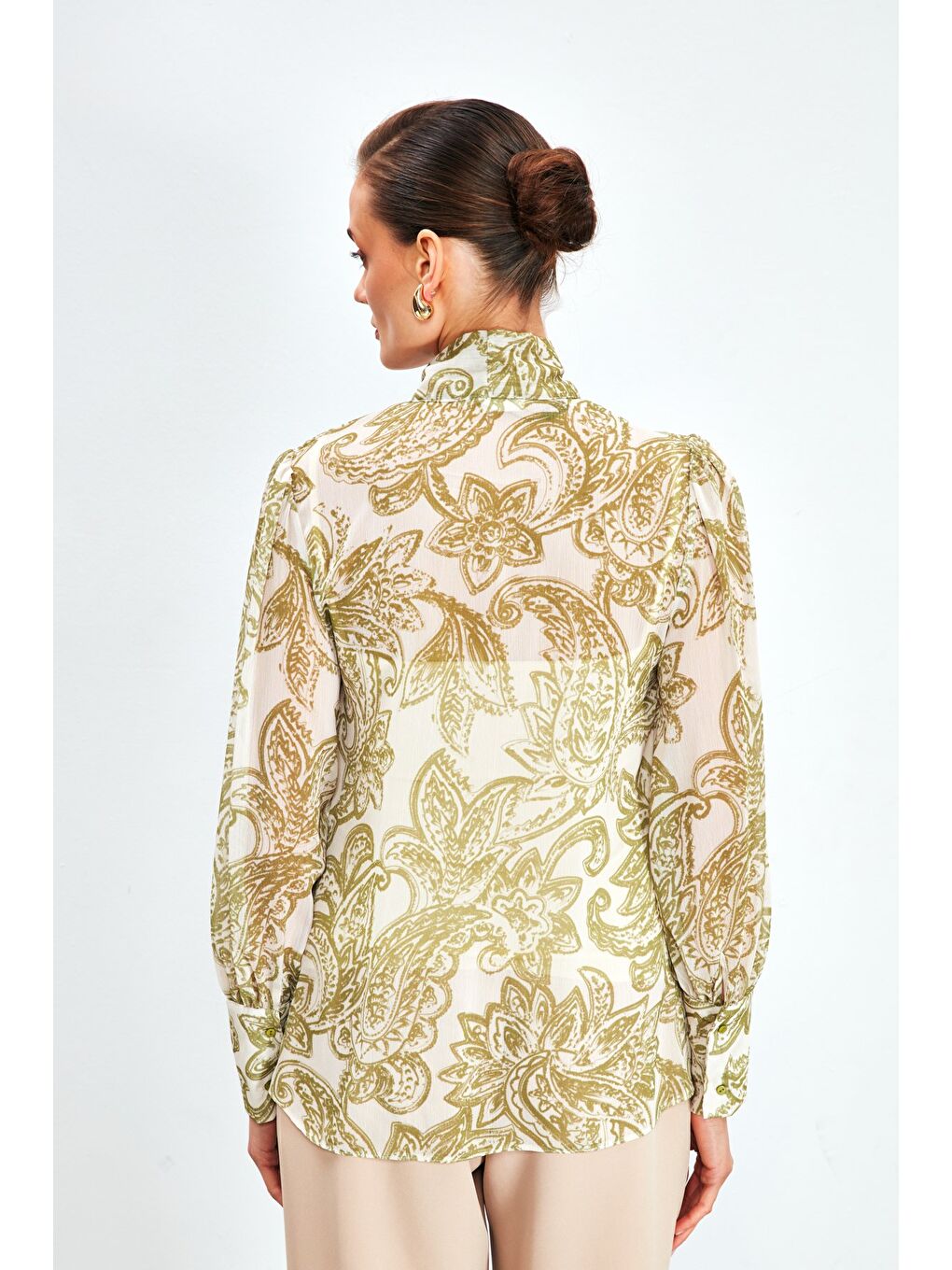 Yaka Fularlı Desenli Gömlek - Yağ Yeşili-3