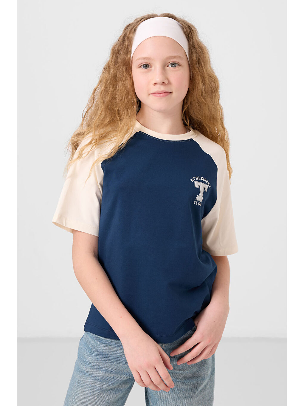 Lacivert Parlament O Yaka Pamuklu Baskılı Oversize Fit Kız Çocuk T-Shirt - 75179-1