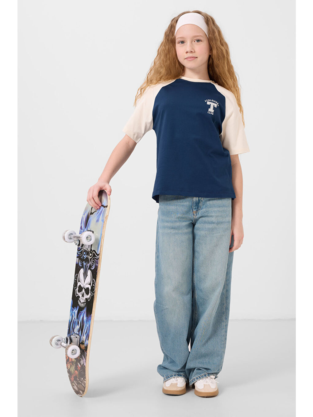 Lacivert Parlament O Yaka Pamuklu Baskılı Oversize Fit Kız Çocuk T-Shirt - 75179-2