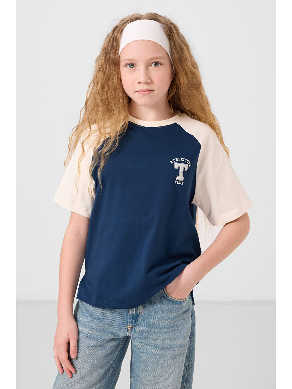 Lacivert Parlament O Yaka Pamuklu Baskılı Oversize Fit Kız Çocuk T-Shirt - 75179-3