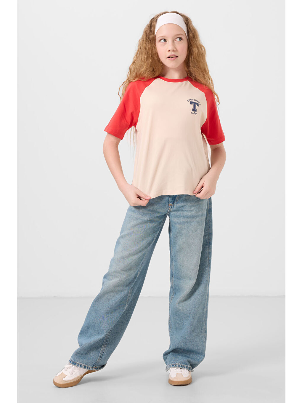 Bej O Yaka Pamuklu Baskılı Oversize Fit Kız Çocuk T-Shirt - 75179