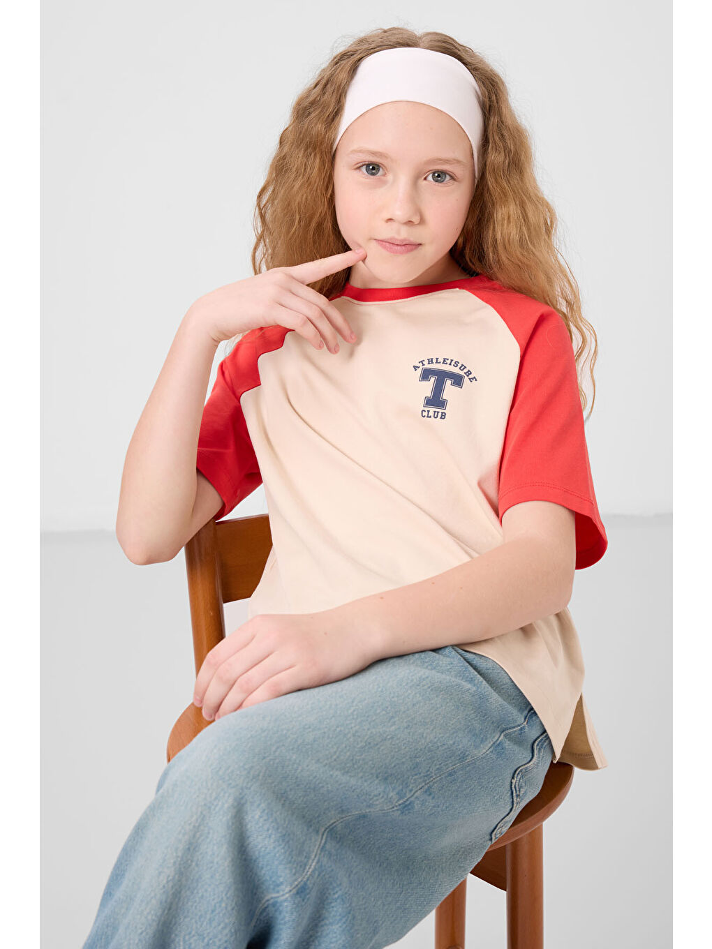 Bej O Yaka Pamuklu Baskılı Oversize Fit Kız Çocuk T-Shirt - 75179-1