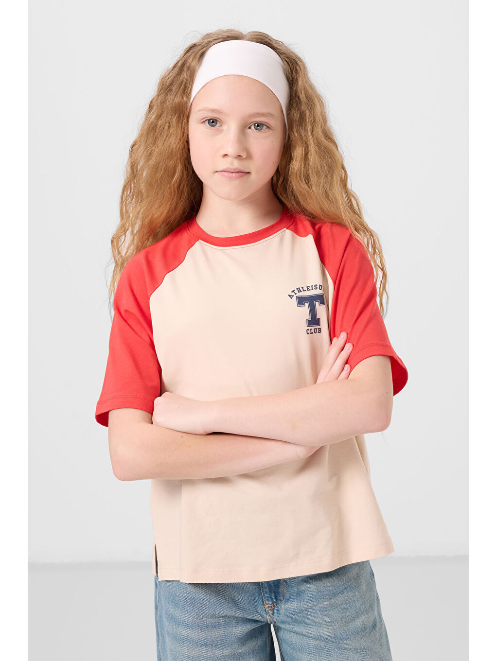 Bej O Yaka Pamuklu Baskılı Oversize Fit Kız Çocuk T-Shirt - 75179-2