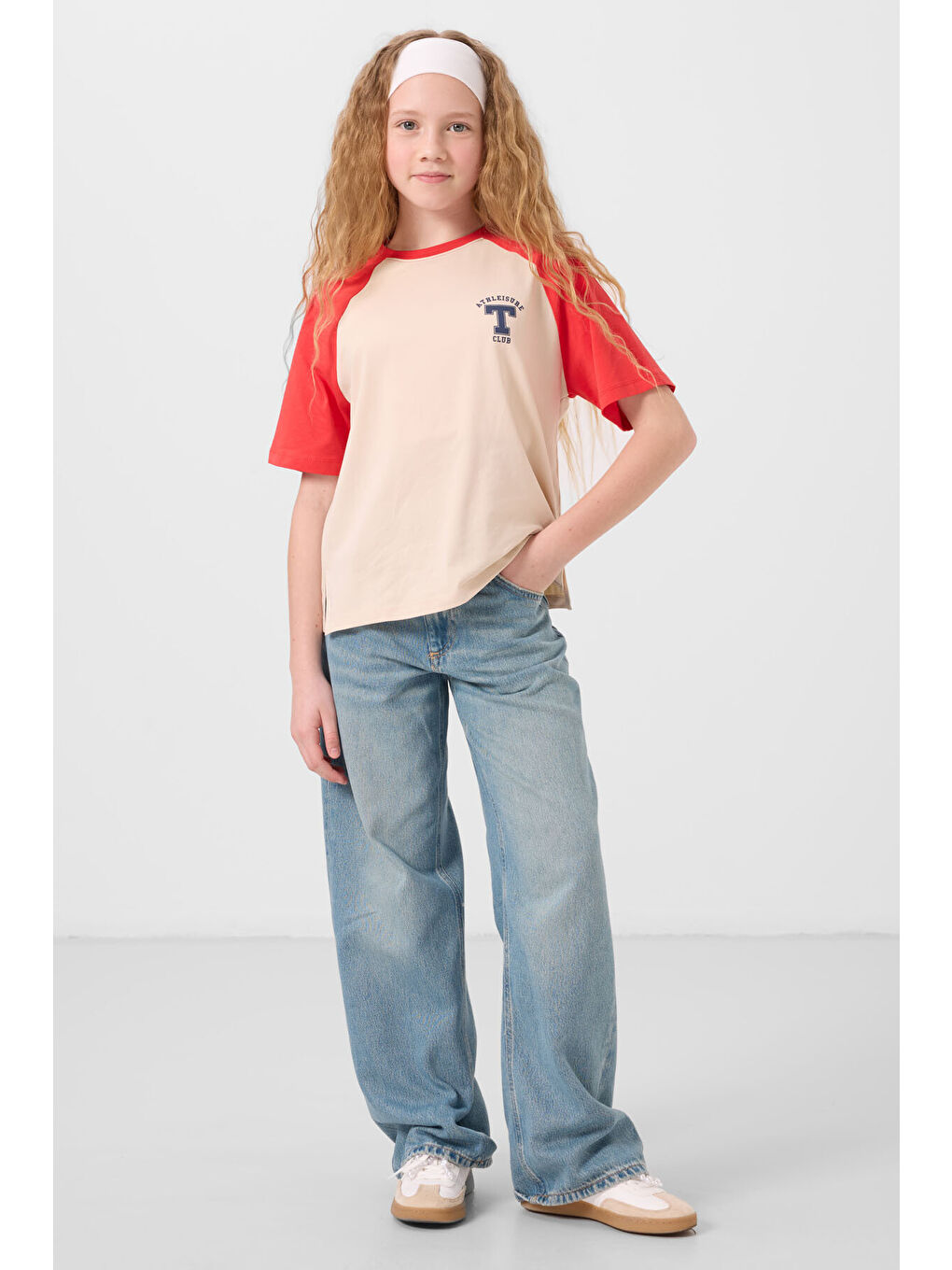 Bej O Yaka Pamuklu Baskılı Oversize Fit Kız Çocuk T-Shirt - 75179-3