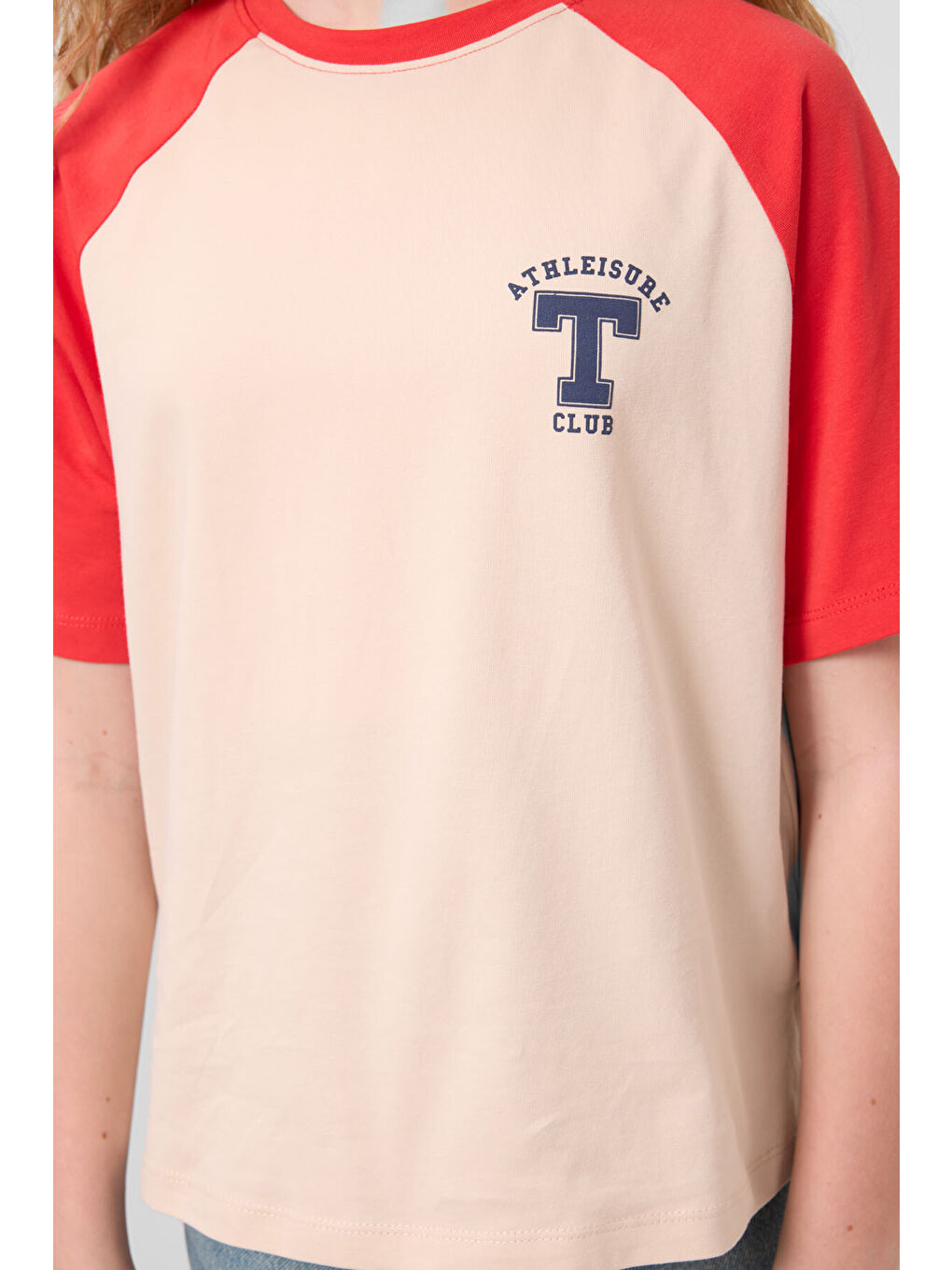 Bej O Yaka Pamuklu Baskılı Oversize Fit Kız Çocuk T-Shirt - 75179-4