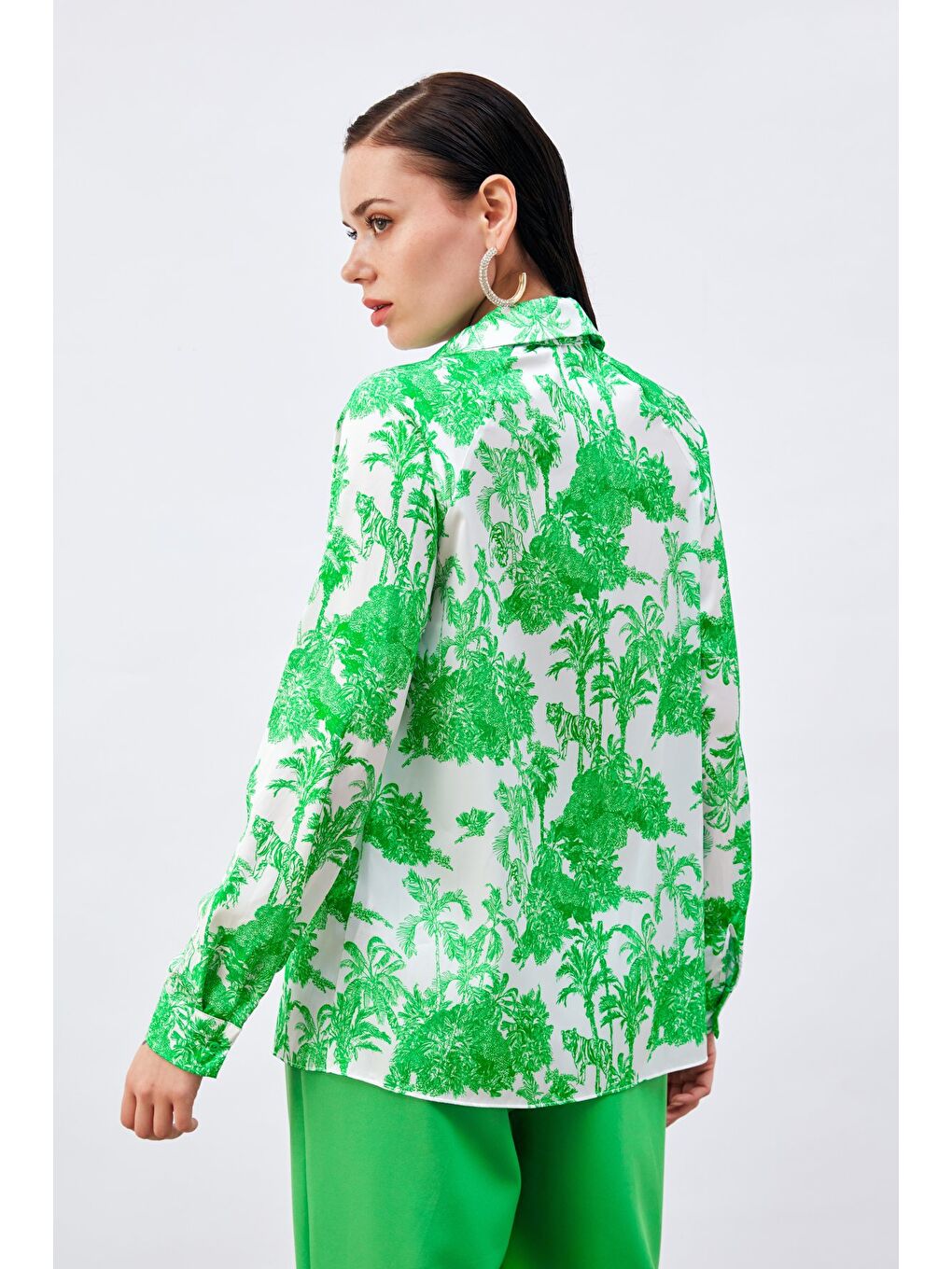 Fularlı Yaka Desenli Gömlek - Yeşil-6