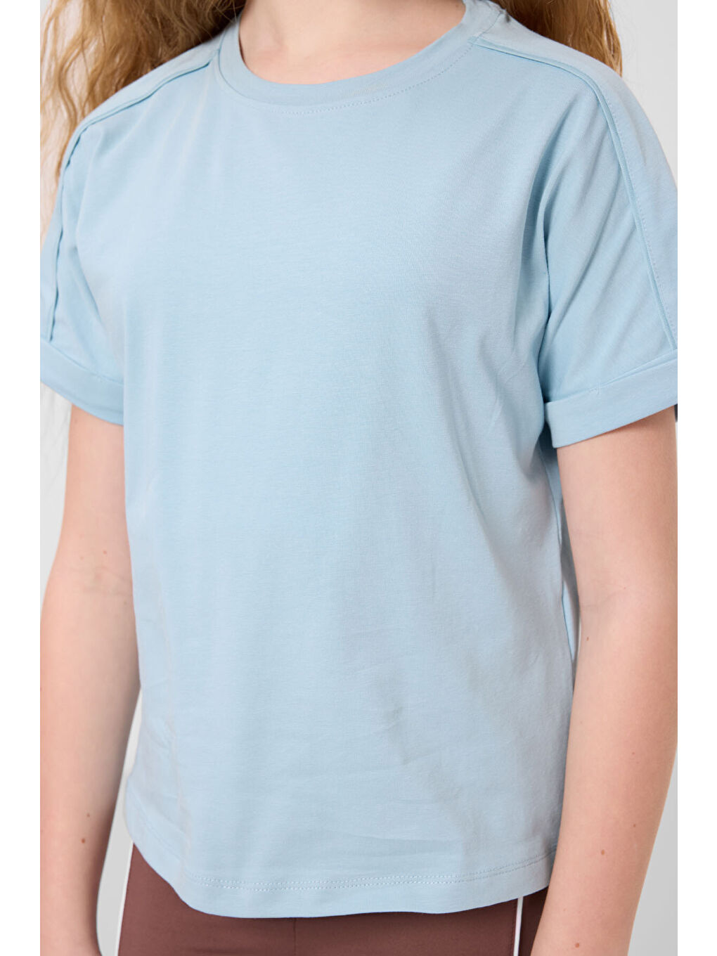 Açık Mavi Pamuklu O Yaka Oversize Fit Basic Kız Çocuk T-Shirt - 75182-1
